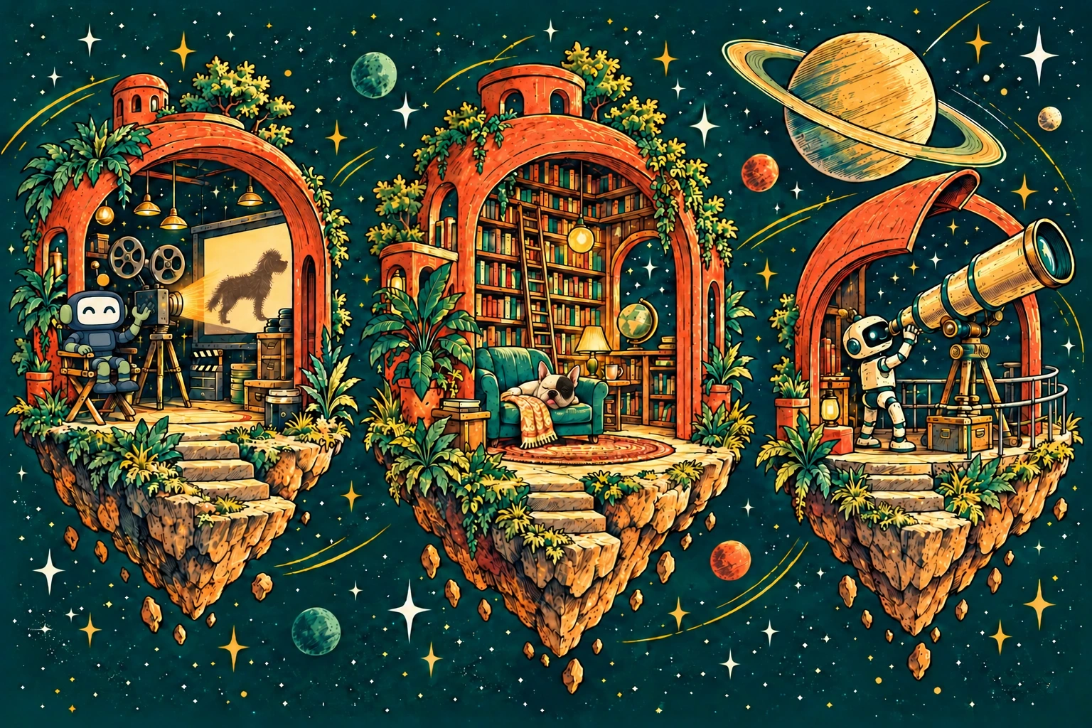 Three hand-drawn floating worlds: a robot animation studio, a cozy library, and a telescope observatory