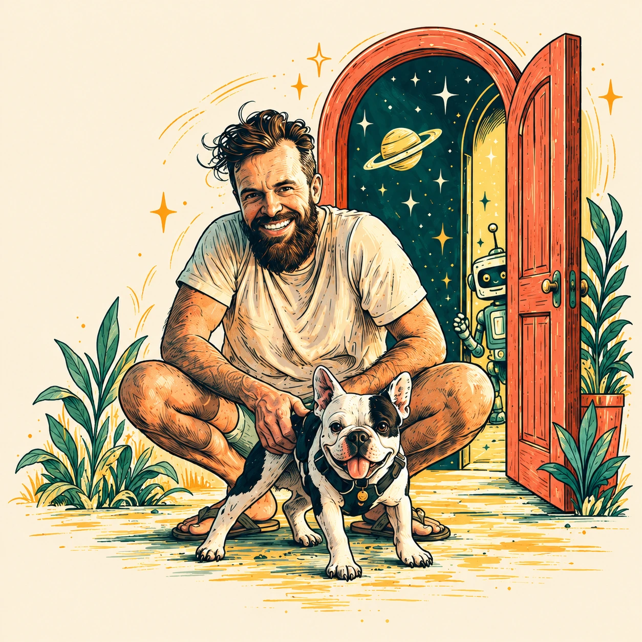 Ryan crouching with Henry beside an open door into a star-filled universe